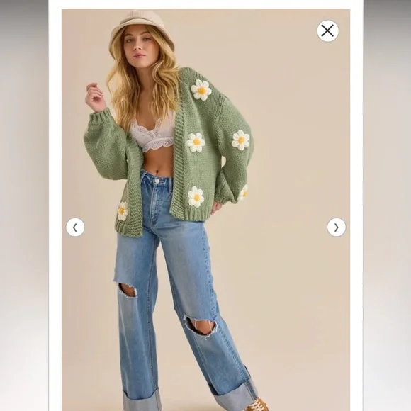 Baevely 3D Flower Cardigan Black Cream Yellow Daisies Oversized L - Picture 3 of 10